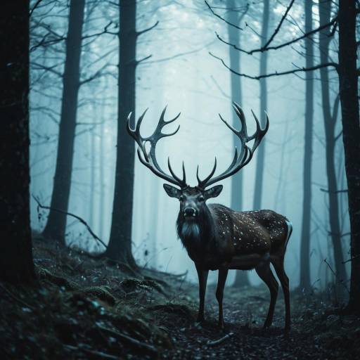 Majestic Deer with Glowing Antlers in Misty Forest