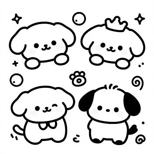 Cute black-and-white digital drawing of four chibi-style, smiling, cartoon dogs with simple lines and dot eyes, floating in a white background.