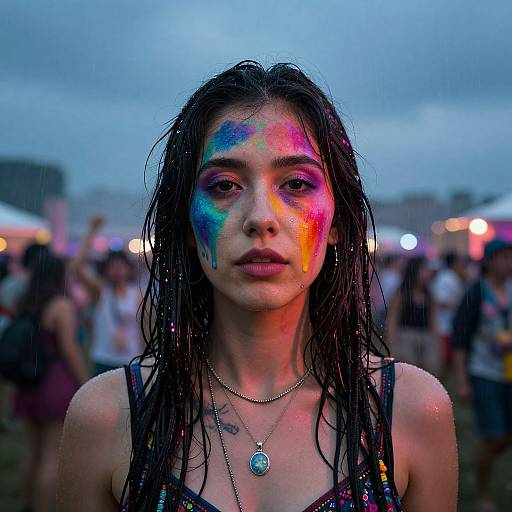 Photograph of a wet-haired woman with colorful face paint, wearing a black top and necklace, standing in a crowded, dusk-lit outdoor event.