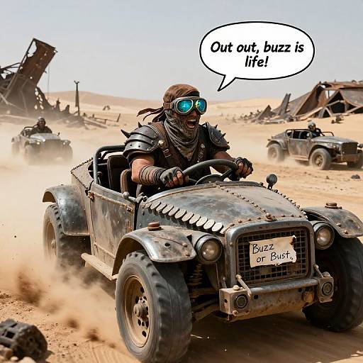 Photorealistic digital art: Desert scene with armored driver in goggles and scarf, driving a rugged, dusty 
