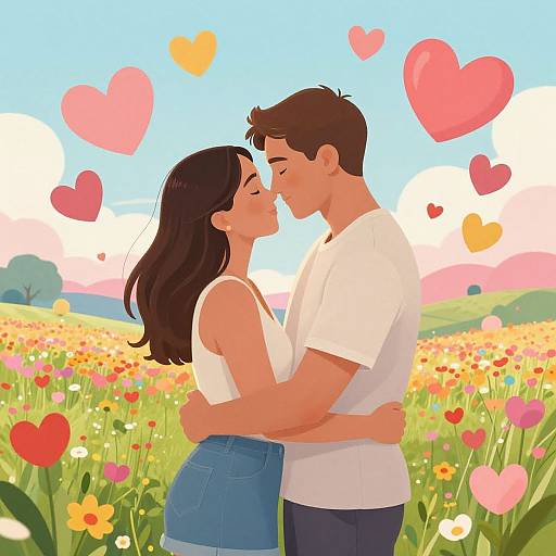 Digital illustration of a couple kissing in a vibrant flower field with colorful hearts, wearing white shirts and blue jeans, under a clear blue sky.