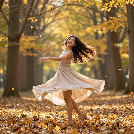 Photograph of a smiling Asian woman with long black hair, wearing a flowing white dress, dancing in an autumn forest with golden leaves. Sunlight filters