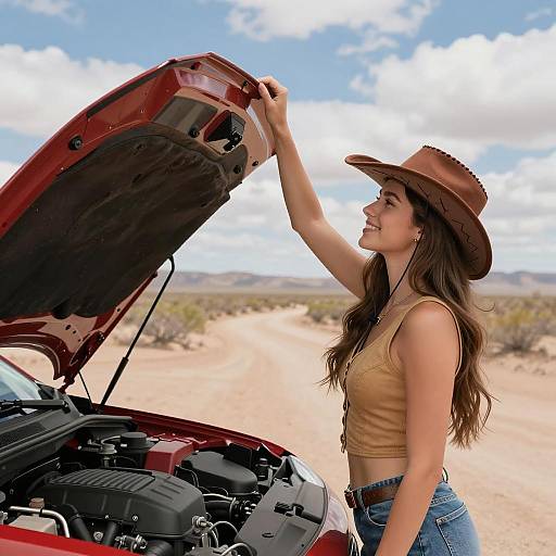 Desert Oasis: Woman with Red Car