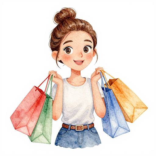 Watercolor illustration of a smiling young woman with brown hair in a bun, wearing a white sleeveless top and blue jeans, holding four colorful shopping bags