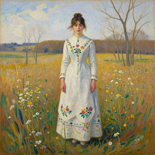 Photorealistic painting of a young woman in a white floral dress standing in a sunny, meadow field with wildflowers and bare trees.