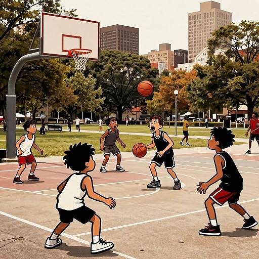 Colorful digital illustration of a lively outdoor basketball game featuring six diverse children in athletic gear, with a cityscape and trees in the background.