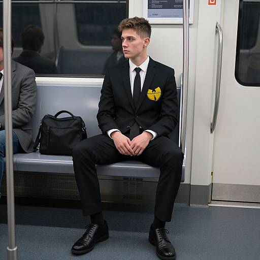 Photograph of a young, white man in a black suit with a yellow emblem, white shirt, black tie, and black shoes, sitting alone on