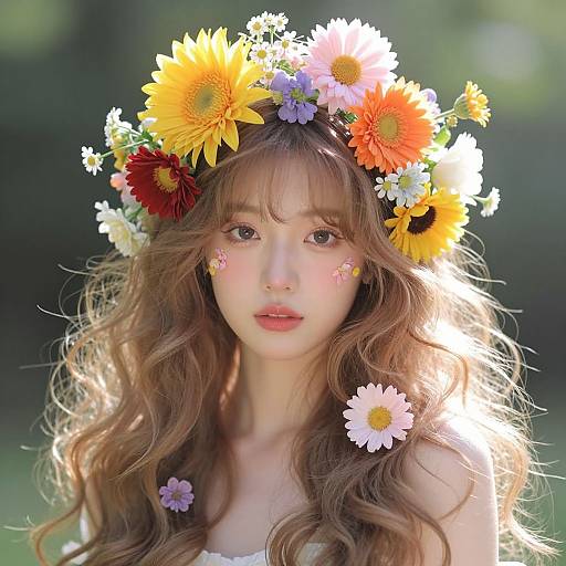 Photograph of a fair-skinned, long-haired young woman with a colorful flower crown, wearing a white top, against a sunlit, green blurred
