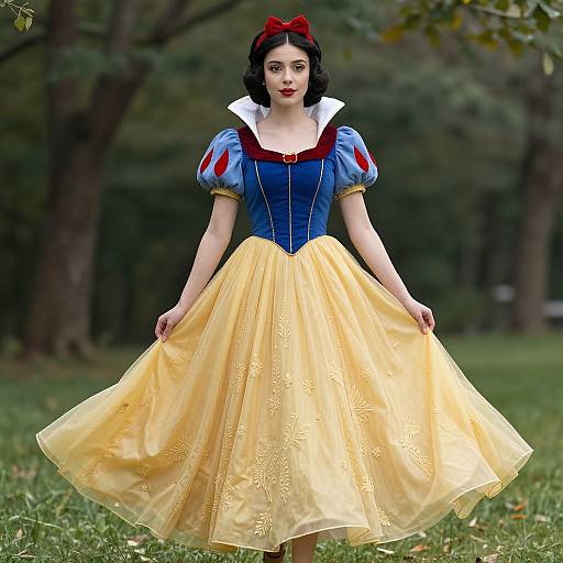Photograph of a fair-skinned woman with dark hair, wearing a red bow, blue puffed-sleeve bodice, and yellow floral-