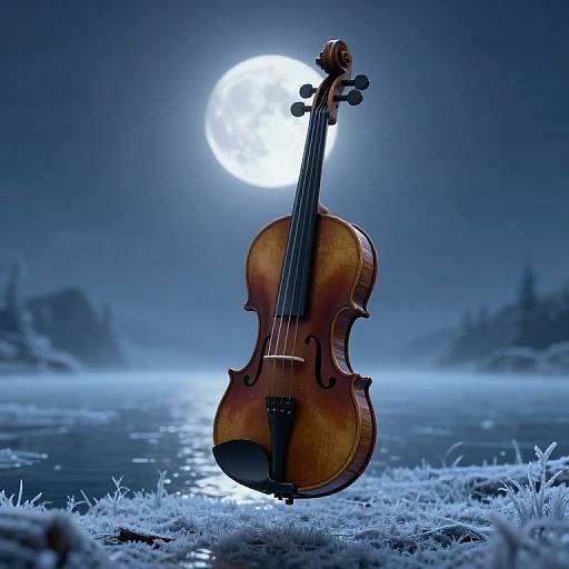 Photograph of a wooden violin standing upright on icy ground, with a full moon shining brightly in the night sky behind it.