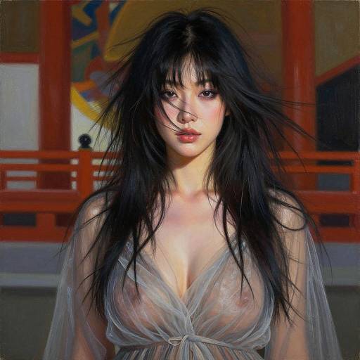 Digital painting of a pale-skinned woman with long, disheveled black hair, wearing a sheer, transparent dress revealing her large breasts. She stands