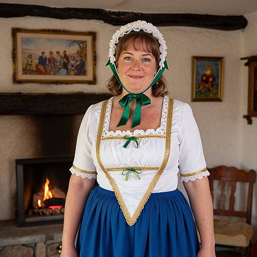 Photograph of a middle-aged woman in a white Bavarian-style dress with blue skirt, green ribbon, and white lace headband, standing in a