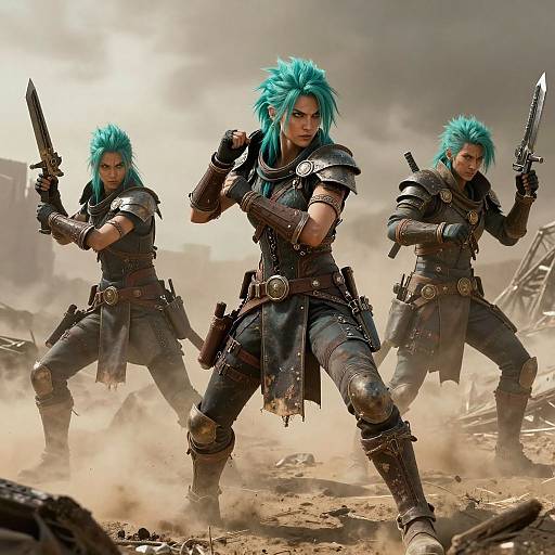 Digital art of three fierce, turquoise-haired warriors in dark armor, wielding swords and pistols, standing in a dusty, war-torn battlefield.