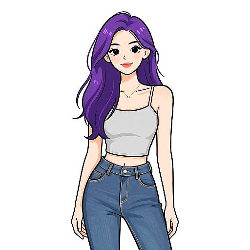 Digital anime-style drawing of a slim, fair-skinned woman with long purple hair, wearing a white crop top and blue jeans.