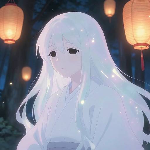 Anime-style digital illustration of a pale-skinned girl with long white hair, wearing a white kimono, illuminated by glowing lanterns in a dark forest