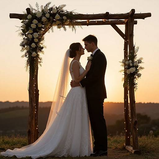 Silhouetted bride in white lace gown and veil, groom in black suit, kiss under rustic wooden arch adorned with flowers at sunset. Photograph.