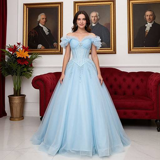 Photograph of a brunette woman in an off-shoulder, light blue, lace and tulle ball gown, standing in a room with red velvet