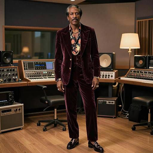 Photograph of a Black man with short gray hair, wearing a dark purple velvet suit, colorful necklace, standing in a recording studio with audio equipment and