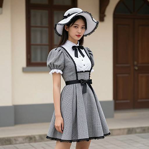 Young Asian woman in black-and-white checkered dress with white blouse, black ribbon, and wide-brimmed hat, standing in front of a vintage