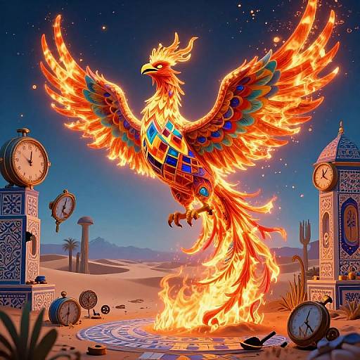 Vibrant digital artwork of a fiery phoenix with colorful mosaic feathers, wings spread, standing on a desert clock circle at night. Clock towers and d