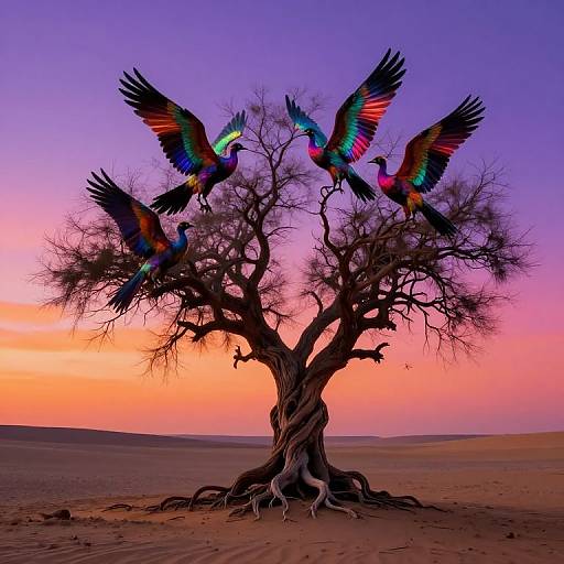 Photograph of three colorful, rainbow-plumed birds with outstretched wings perched on a bare, twisted tree against a vibrant orange and purple sunset