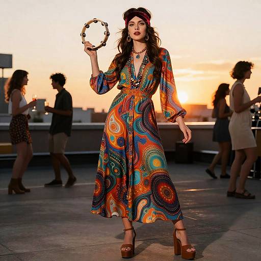 70s Style Woman with Tambourine at Rooftop Party