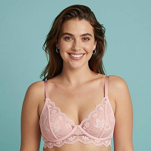 Smiling Woman in Pink Lace Bra