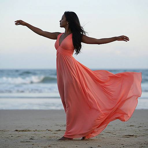 Elegant Woman in Flowing Coral Gown