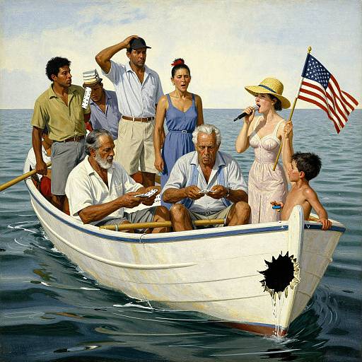 Photograph-style digital illustration of diverse family in white boat with American flag, ocean background; elderly man seated, woman in dress holding hat, children and