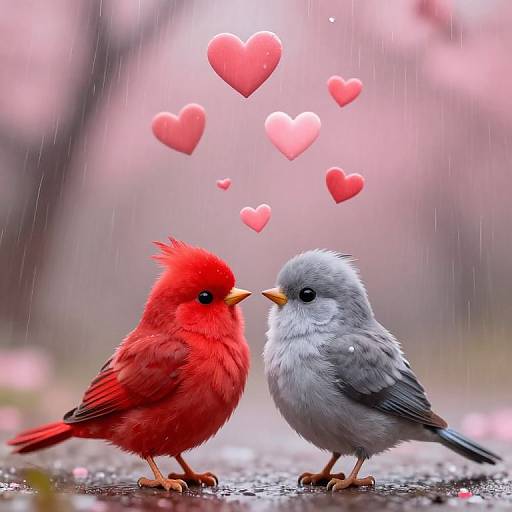 Photograph of a vibrant red cardinal and a gray bluebird standing on a wet surface, facing each other, surrounded by floating pink hearts in a blurred