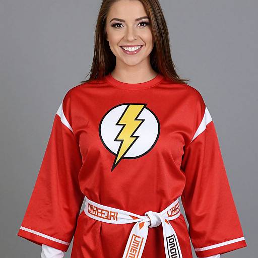 Photograph of a smiling young woman with straight brown hair, wearing a red martial arts robe with white trim and a lightning bolt emblem, tied with a