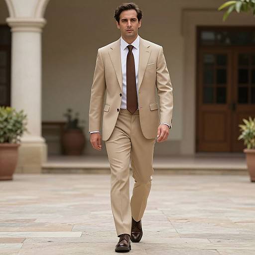 Man in Tan Suit Walking Courtyard