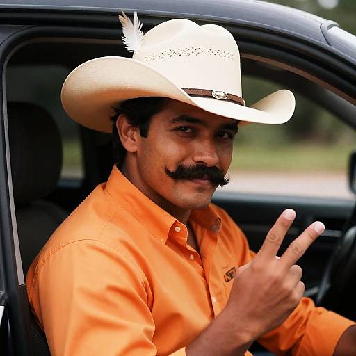 Smiling Cowboy in Vibrant Orange Shirt