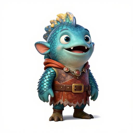 CGI blue, fish-like creature with scales, yellow fin, red hooded tunic, brown belt, and buckles, smiling, standing on