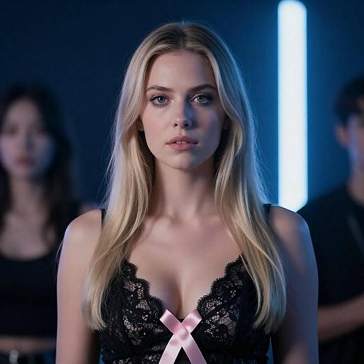 Blonde Woman in Black Lace Under Lights