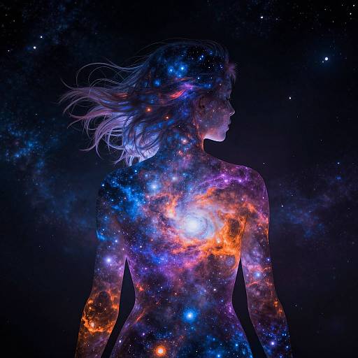 Silhouetted human figure with flowing hair, backlit by vibrant cosmic nebula, featuring blue, orange, and purple star patterns, against a