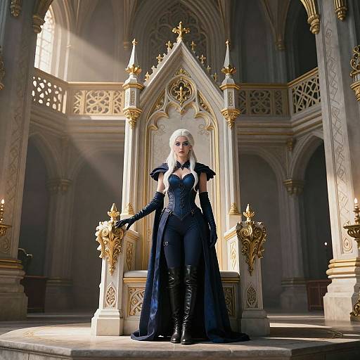 Digital artwork of a white-haired woman in a black, gothic-queen outfit, standing on an ornate golden throne in a sunlit, go