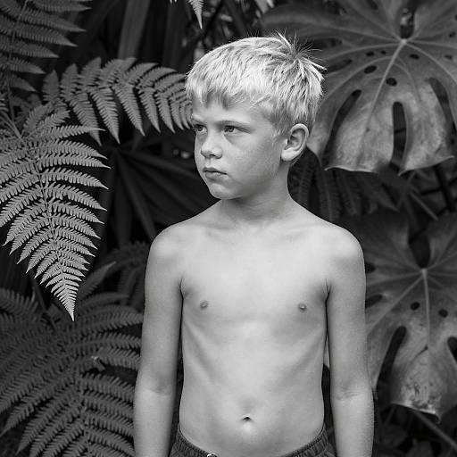 Shirtless Boy Amidst Tropical Foliage