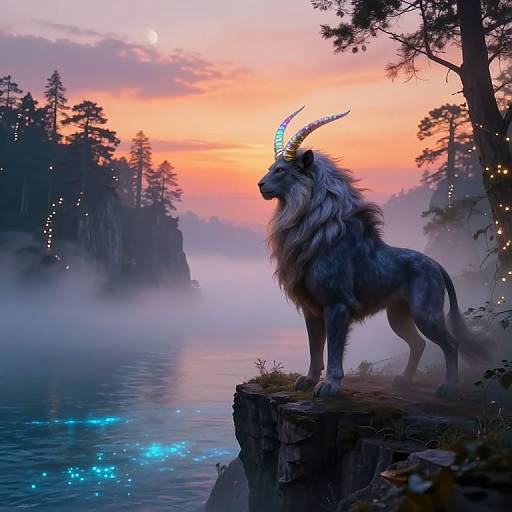 Digital artwork: Majestic, horned, glowing-maned lion stands on cliff at sunset, illuminating misty lake, surrounded by glowing lights and