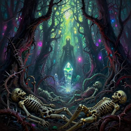 Digital artwork: Dark, eerie forest with glowing green light, ethereal orbs, and skeletal figures lying on twisted roots, illuminated by a neon blue crystal