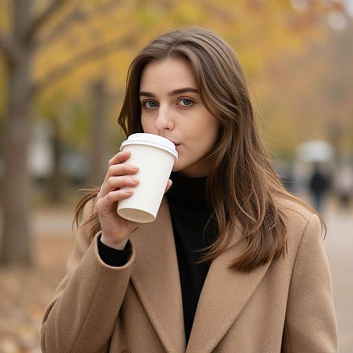 Photograph of a young woman with light brown hair, wearing a beige coat and black turtleneck, sipping from a white coffee cup in a