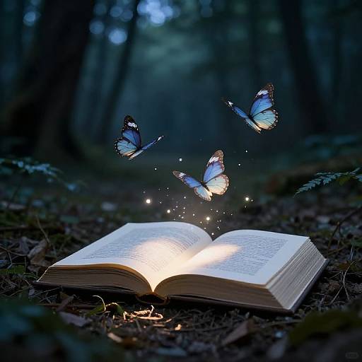 Photograph of an open book glowing in a dark forest, surrounded by three blue butterflies with sparkling trails.