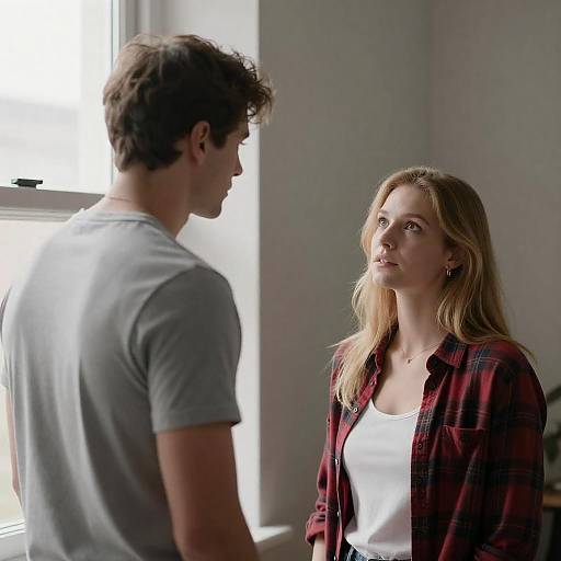 Photograph of a serious blonde woman in a red plaid shirt and white tank top facing a man in a grey t-shirt near a sunlit window