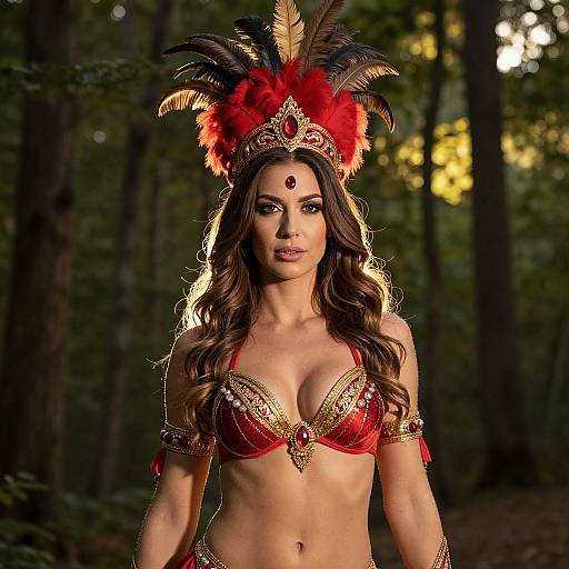 Photograph of a woman with long brown hair, wearing a red and gold feathered headdress, red bra with gold detailing, and arm bands,