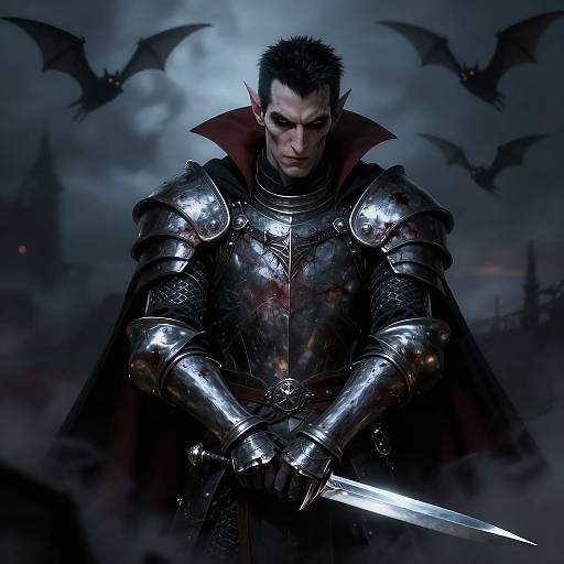 Dark fantasy illustration: brooding vampire warrior in shiny, blood-stained armor, holding sword, with bats flying in eerie, stormy night sky.