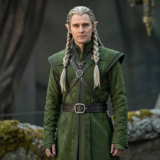 Photorealistic CGI of a stern-looking elf with long, braided white hair, pointed ears, wearing a green, textured, medieval-style robe with