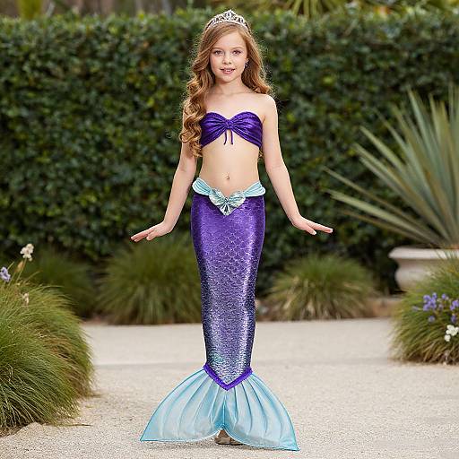 Photograph of a young girl with long brown hair, wearing a purple mermaid costume, blue fin, and tiara, standing in a garden path