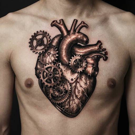 Photograph of a shirtless, light-skinned male torso with a detailed, copper-colored mechanical heart tattoo featuring gears and cogs on his chest.
