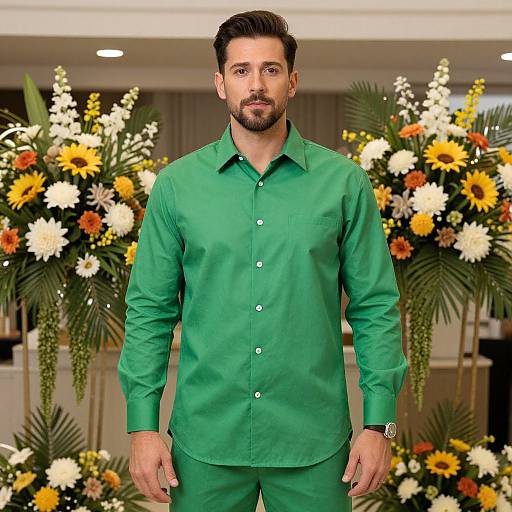 Photograph of a handsome, bearded man with dark hair, wearing a green long-sleeve shirt and matching pants, standing in front of vibrant
