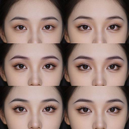 Close-up photograph of an Asian woman's face, six panels showing her eyes with different makeup styles, from natural to bold eyeliner.